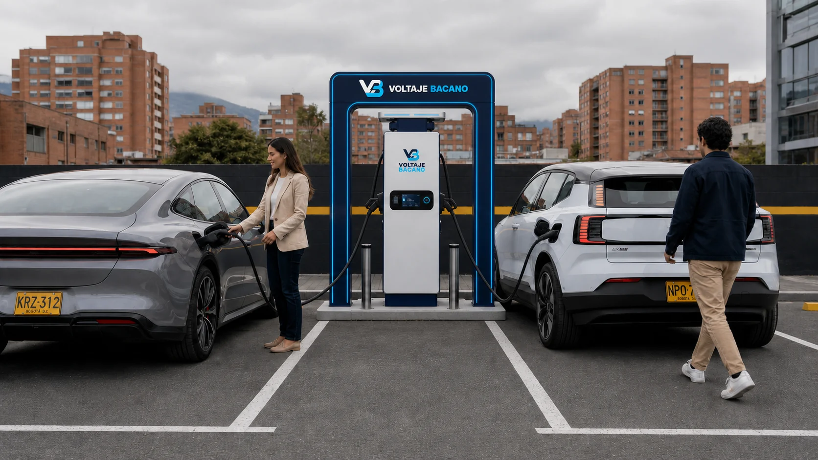Concepto de estación Voltaje Bacano en un parqueadero urbano
